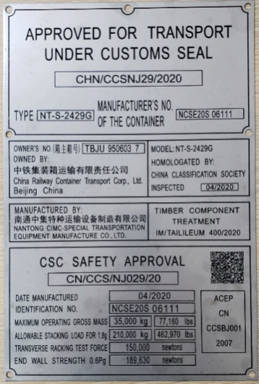 ISO Shipping Container CSC Plate on Container